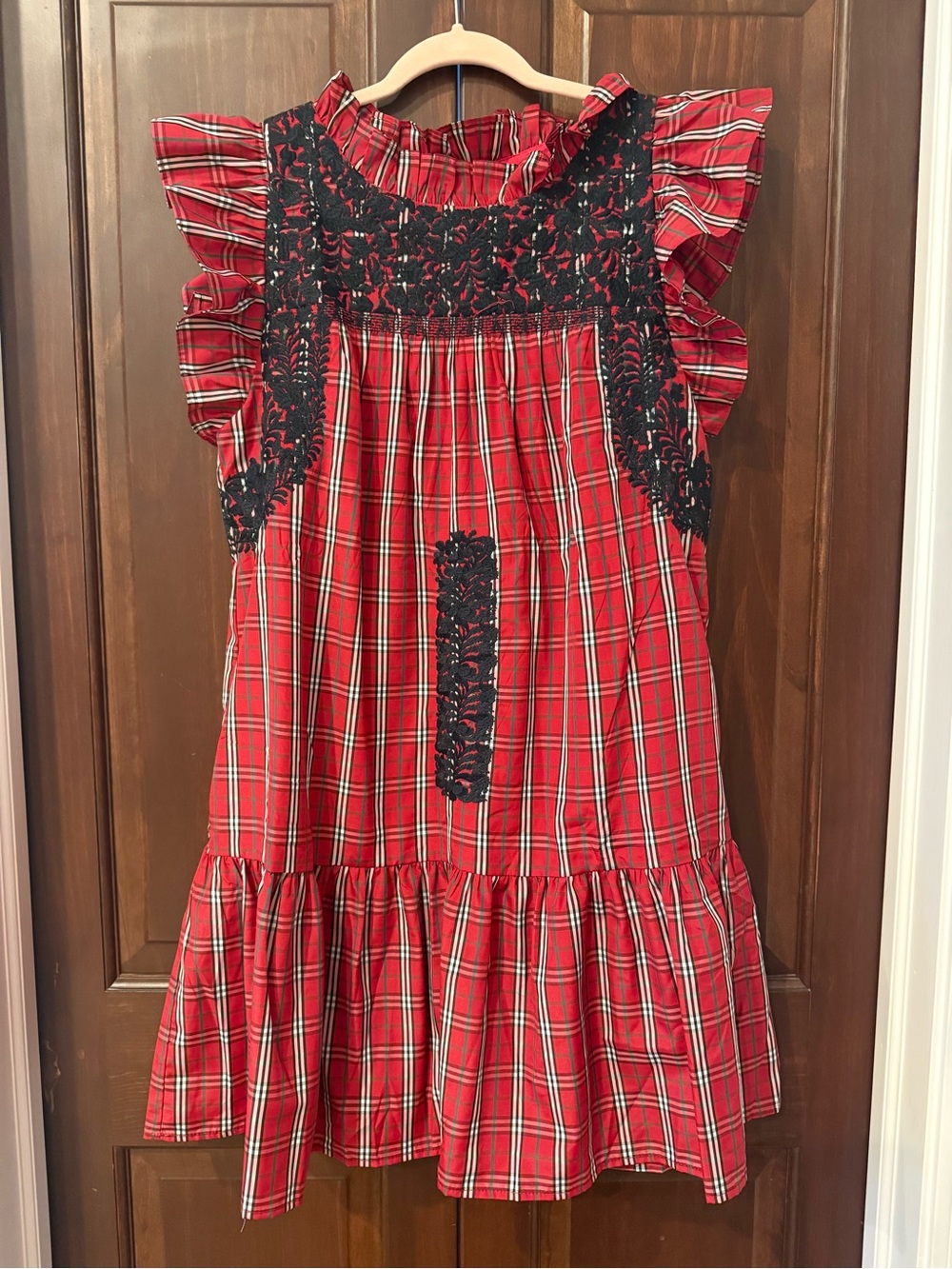 Red Plaid Ruffle-Shoulder Dress with Black Lace Detail